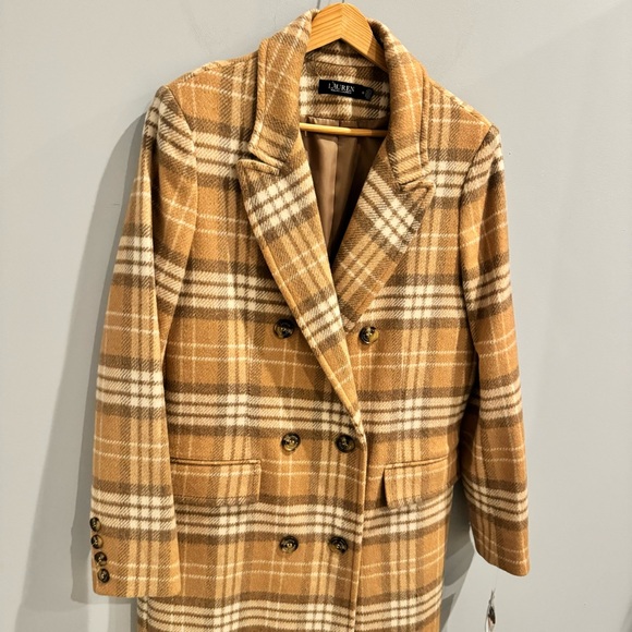 NWT Lauren Ralph Lauren Plaid Double Breasted Reefer Coat In Camel, Size 10 - Picture 5 of 13